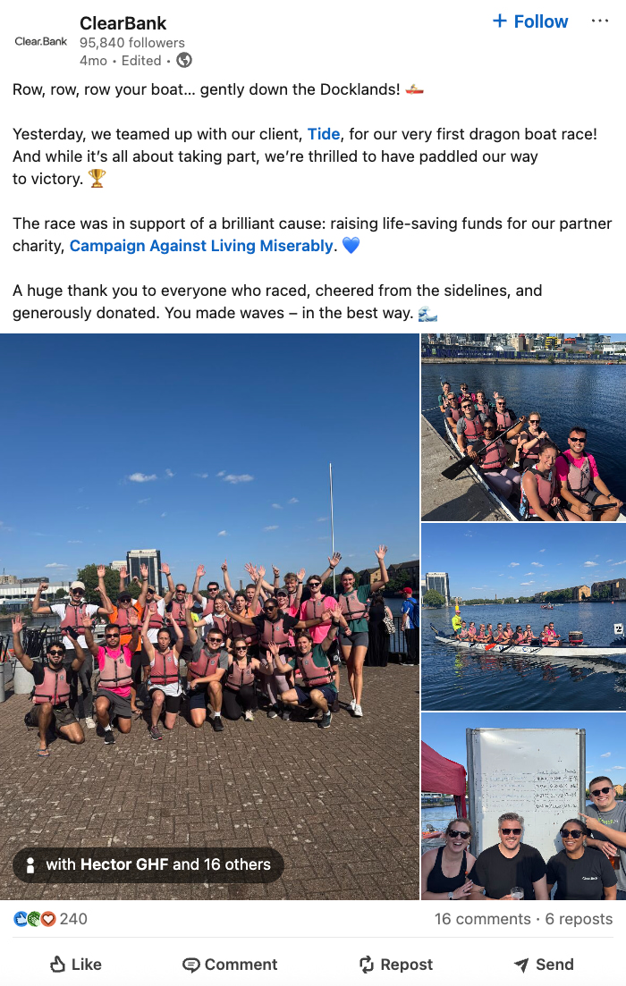 ClearBank’s LinkedIn post shows staff and Tide employees at a dragon boat charity race