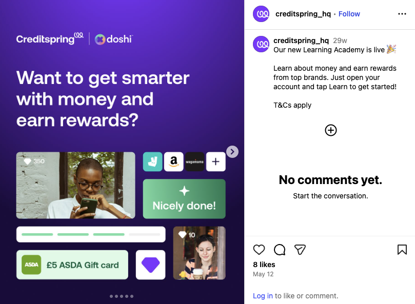 Creditspring’s Instagram carousel shows a gamified challenge that offers ASDA gift cards and links to its Learning Academy