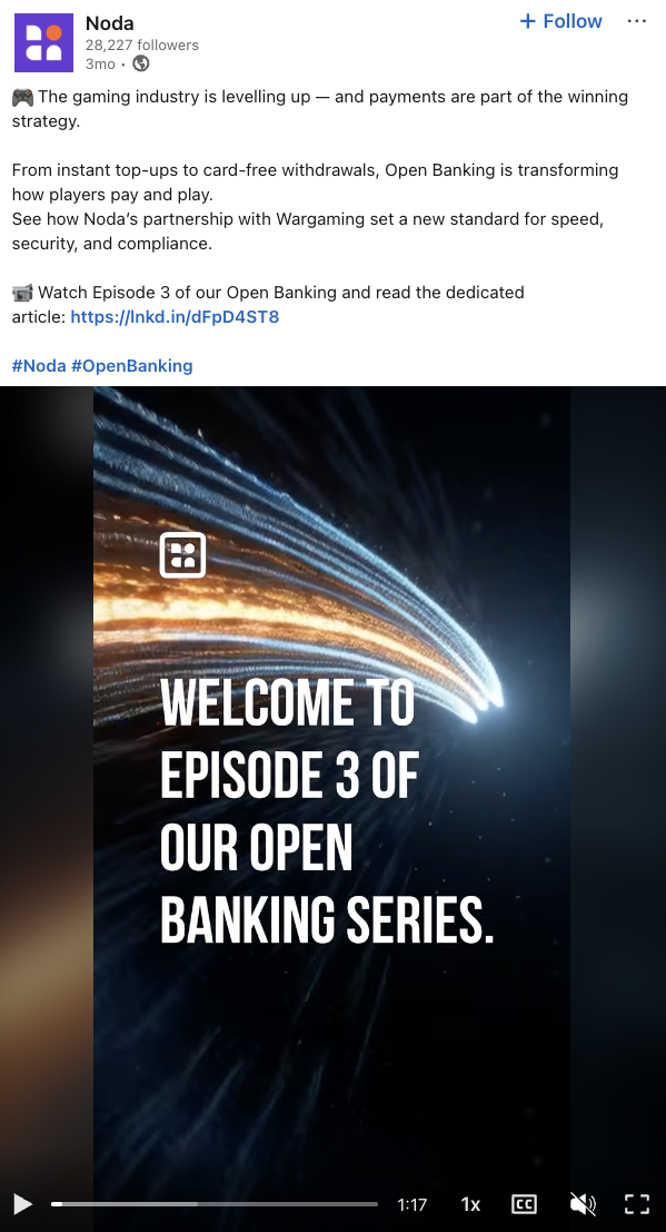 Noda’s LinkedIn post announces its partnership with Wargaming to launch instant banking for online gamers