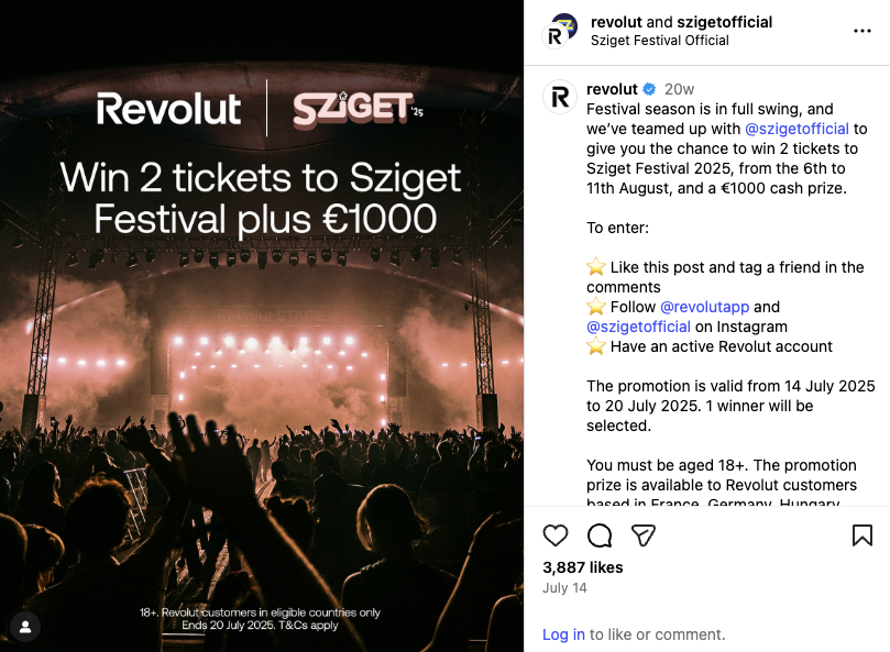 Revolut’s Instagram post shows a concert stage with a text overlay that reads: Win 2 tickets to Sziget Festival plus €1,000