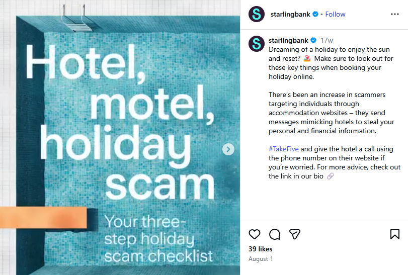 Starling Bank’s Instagram post about a three-step scam checklist features “hotel, motel, holiday scam” over a pool image