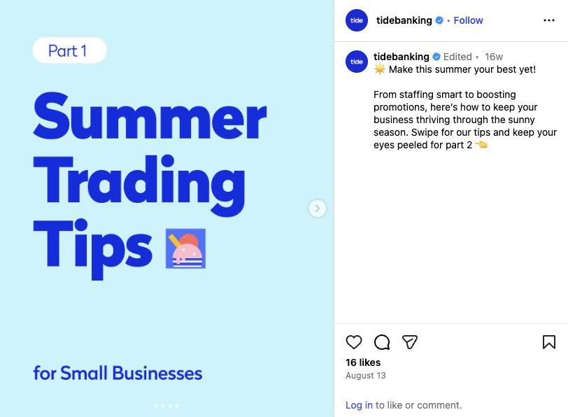 Tide’s Instagram carousel with an overlay that says: Summer Trading Tips for Small Businesses in bold text