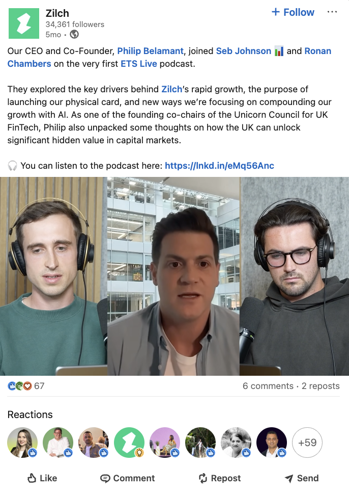 A LinkedIn post from Zilch featuring a video of its founder and two colleagues discussing financial topics