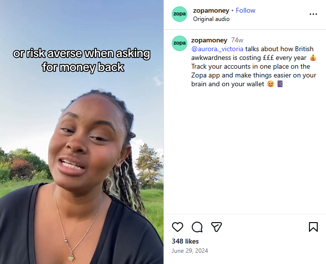 Zopa’s Instagram Reel pairs YouGov statistics with a relatable British issue to persuade customers to use the app