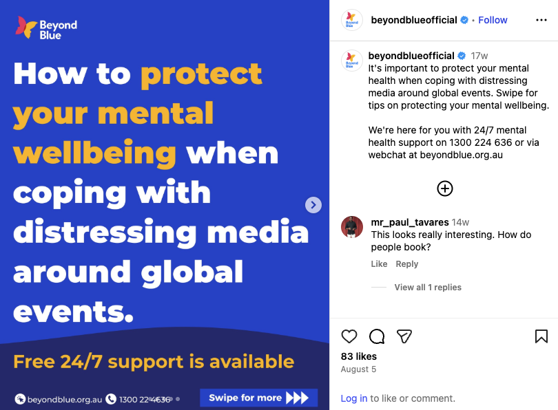 Beyond Blue graphic with bold text offering mental health tips and 24/7 support during distressing global events. 