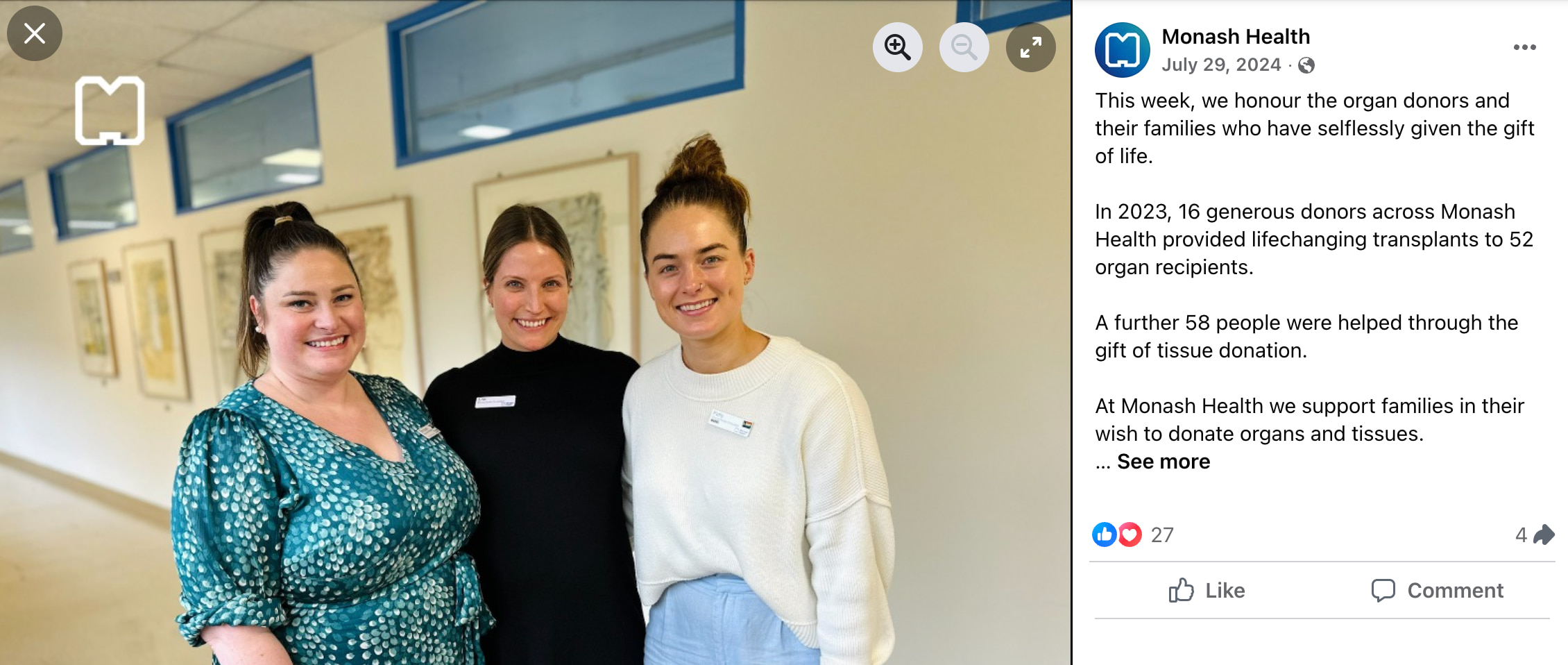 Monash Health shares a photo of three women standing in a hallway, representing organ donors and their families. 
