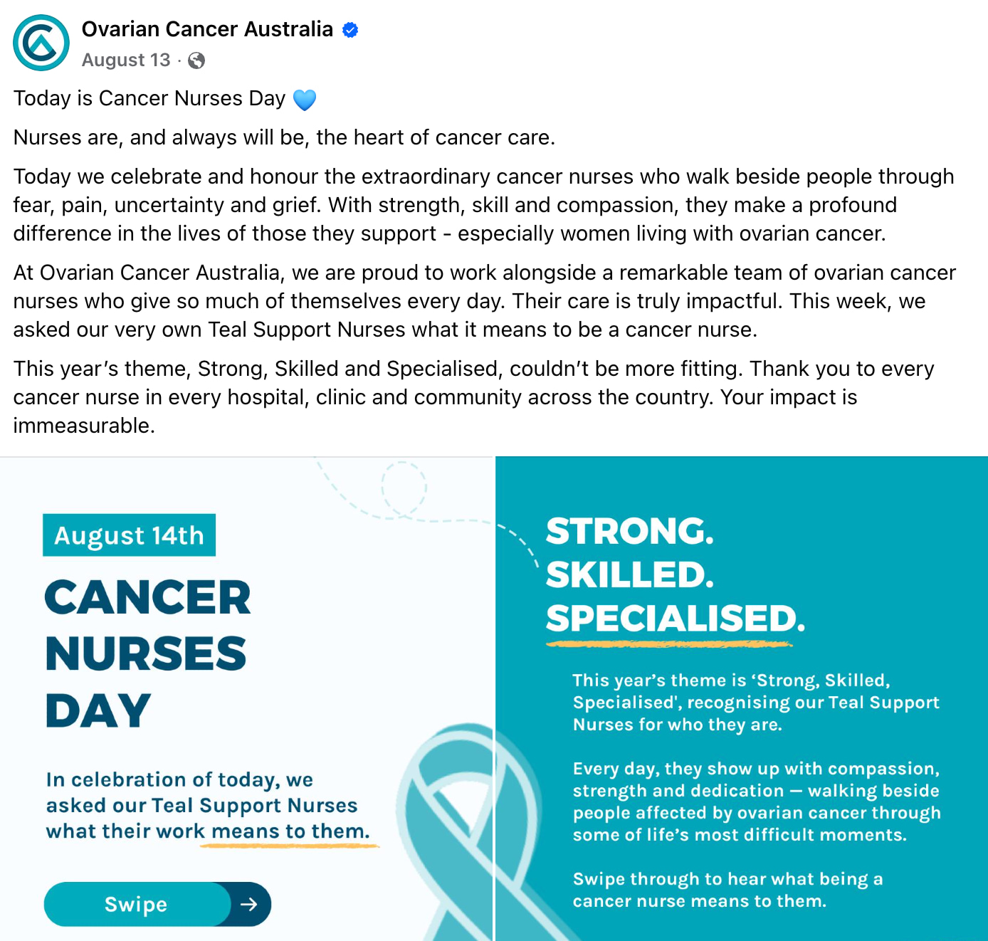 Facebook Carousel celebrating Cancer Nurses Day with quotes from Ovarian Cancer Australia's Teal Support Nurses.