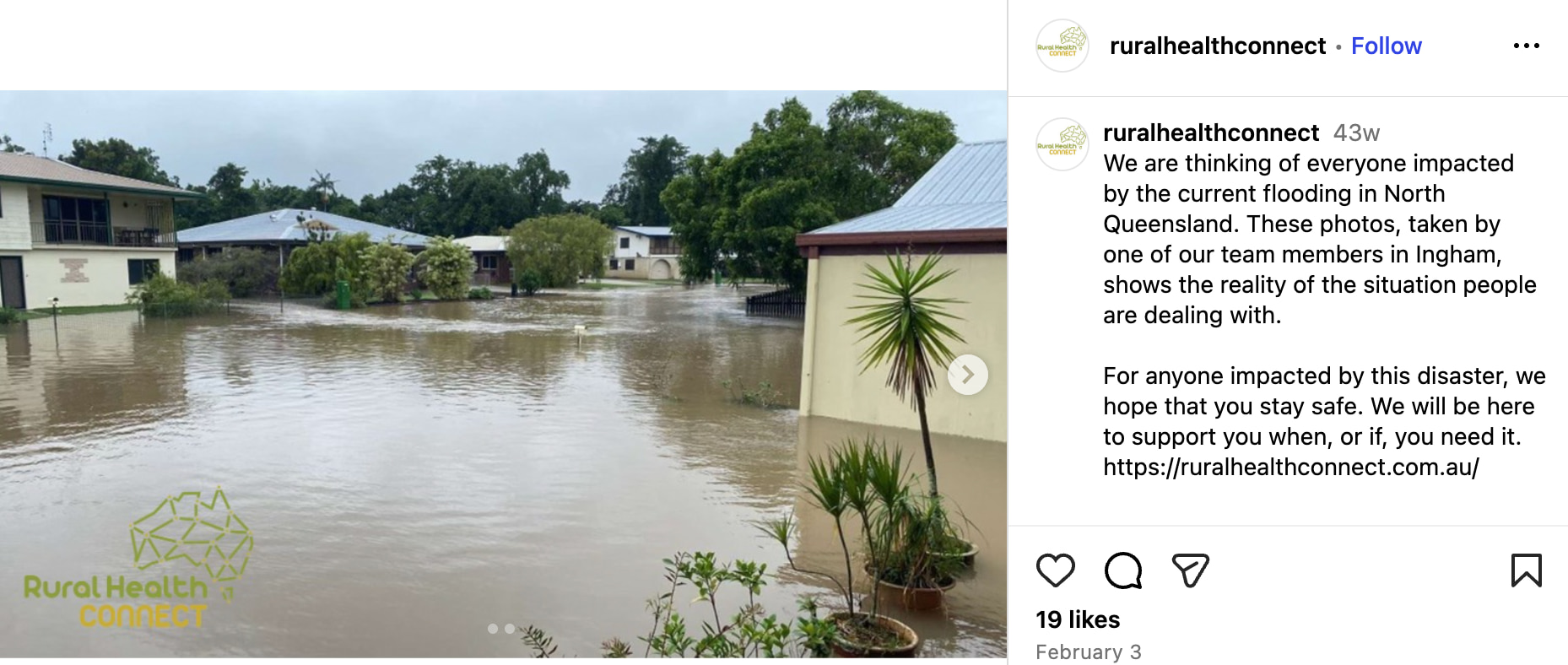 Instagram post from Rural Health Connect shows floodwaters submerging streets and houses in North Queensland and offers help.