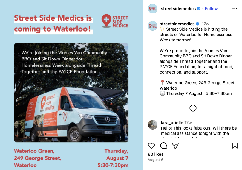 Street Side Medics' Instagram Post shows its medical vehicle and announces its attendance at a Waterloo community event.