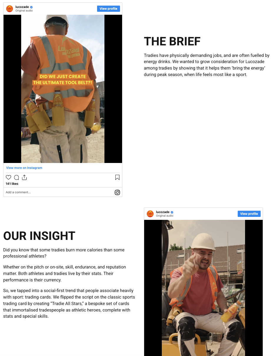 We Are Social’s portfolio shows how the team approached the challenge of promoting Lucozade to the UK’s tradies (Source: We Are Social)