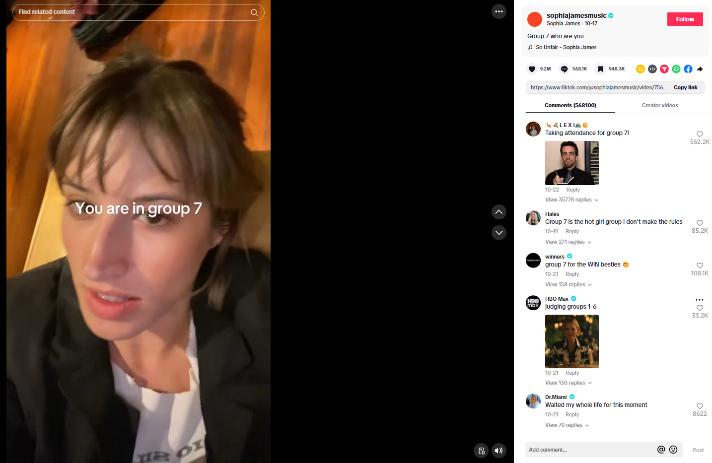 A TikTok post from Sophia James on the “Group 7” trend. 