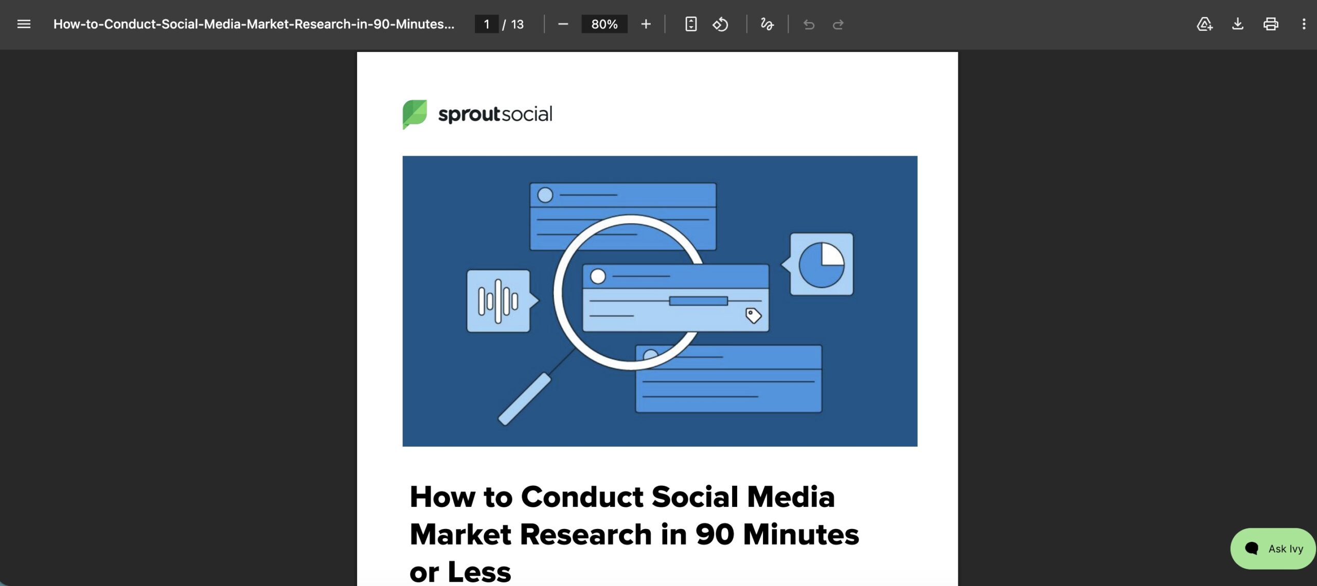 The cover page of a Sprout Social PDF guide titled 'How to Conduct Social Media Market Research in 90 Minutes or Less,' featuring a graphic of a magnifying glass inspecting digital posts and data.