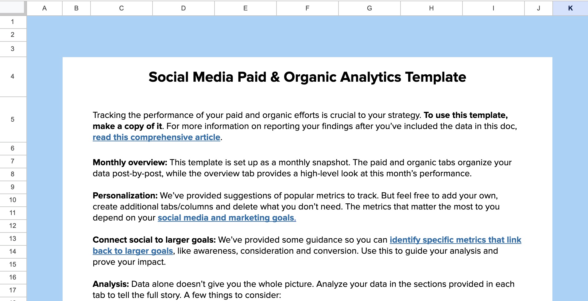 A spreadsheet titled 'Social Media Paid & Organic Analytics Template' displaying an instruction page. The text explains how to use the document to track monthly post-by-post data, personalize metrics, and connect social performance to broader marketing goals.