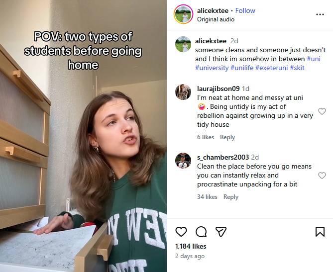 @alicekxtee’s Instagram Reel shows her acting out two types of students at the freshers fair in her uni bedroom (Source: Instagram)