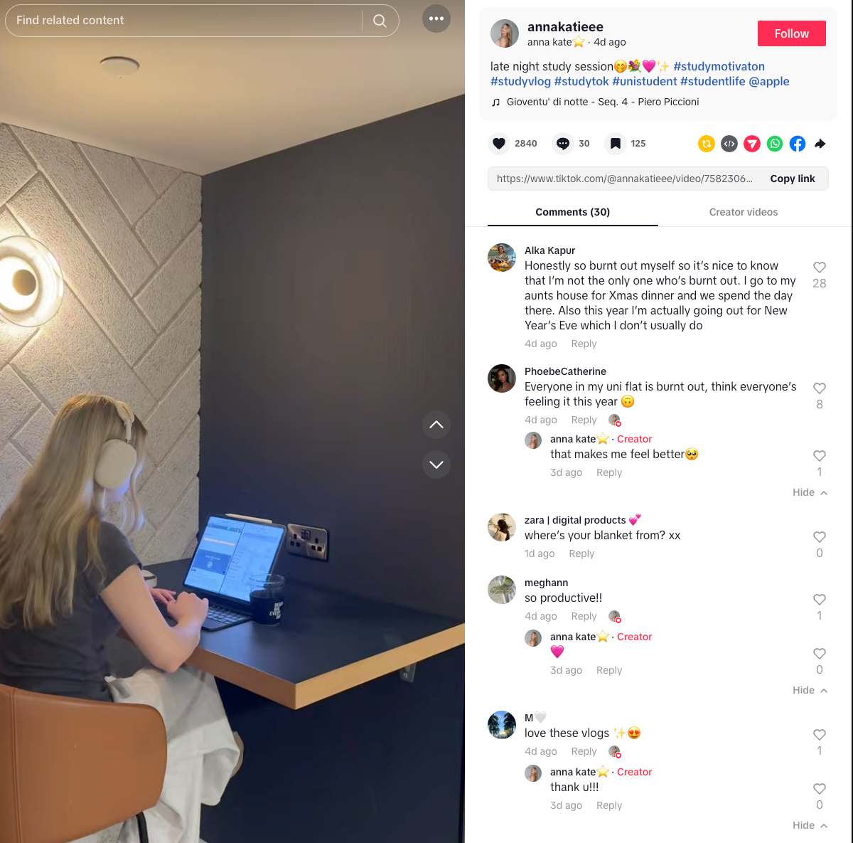 Anna Katie’s TikTok shows her routine during a late-night study session