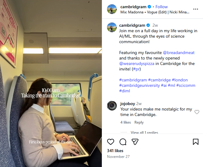 @cambridgram’s post shows her day at uni (Source: Instagram)