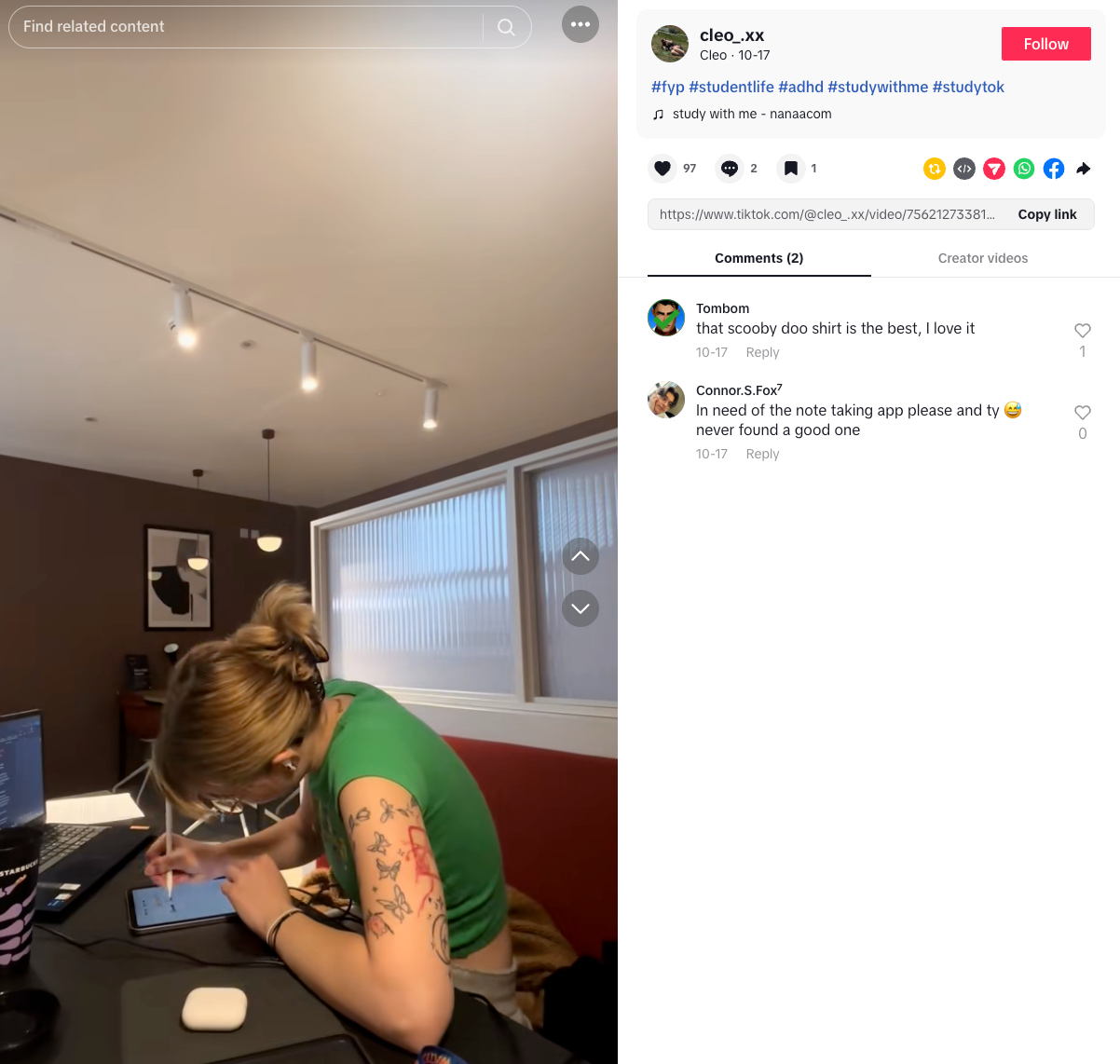 Cleo’s TikTok shows a study with me session (Source: TikTok)