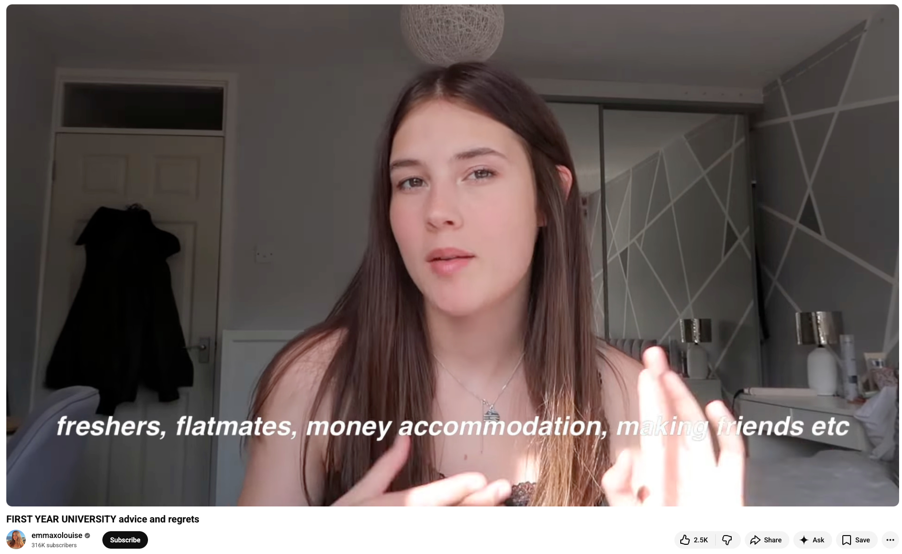 Emma Louise films in her bedroom while explaining advice and regrets about her first year at university (Source: YouTube)