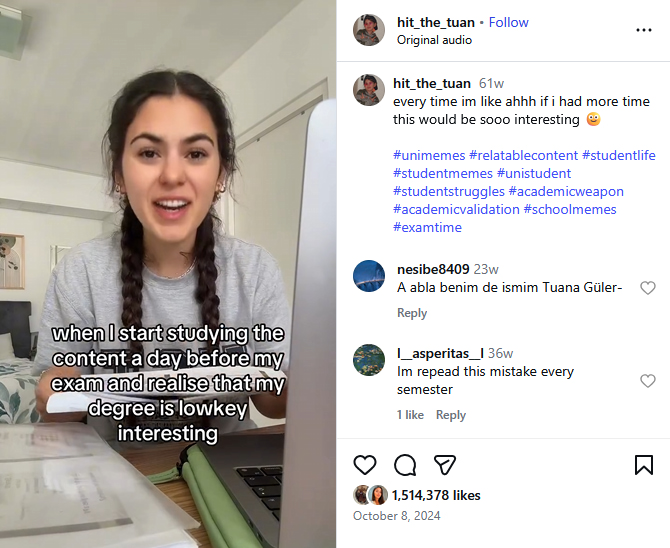 @hit_the_tuan’s reel shows her cramming notes and realising her degree is interesting before an exam (Source: Instagram)