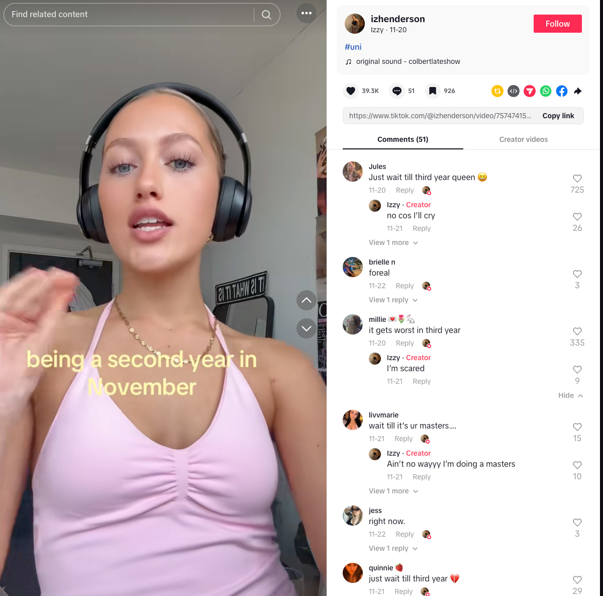 Iz Henderson’s TikTok shows her reaction to becoming a second year student