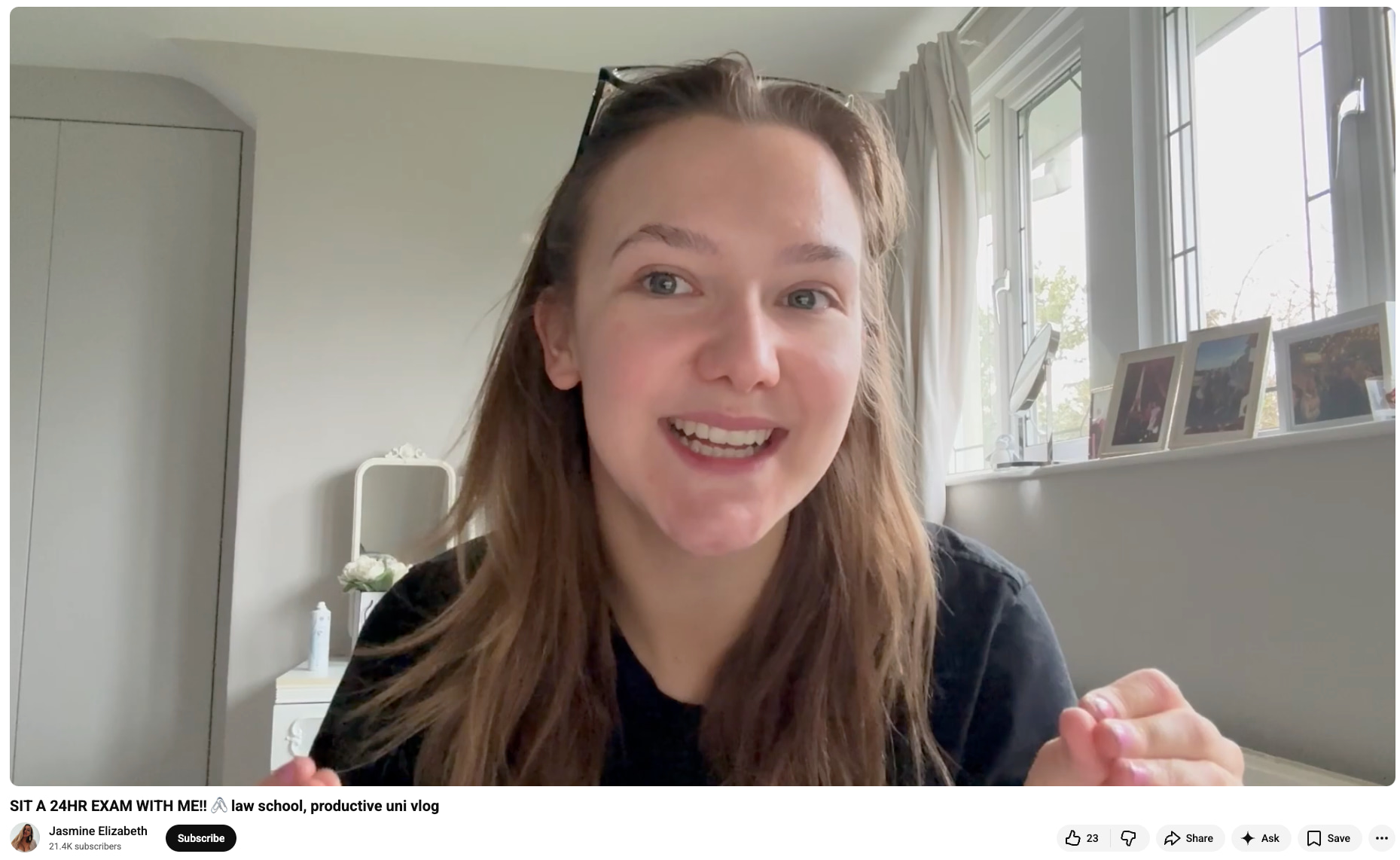 Jasmine Elizabeth sits in her room, talking to the camera about her upcoming law exam (Source: YouTube)