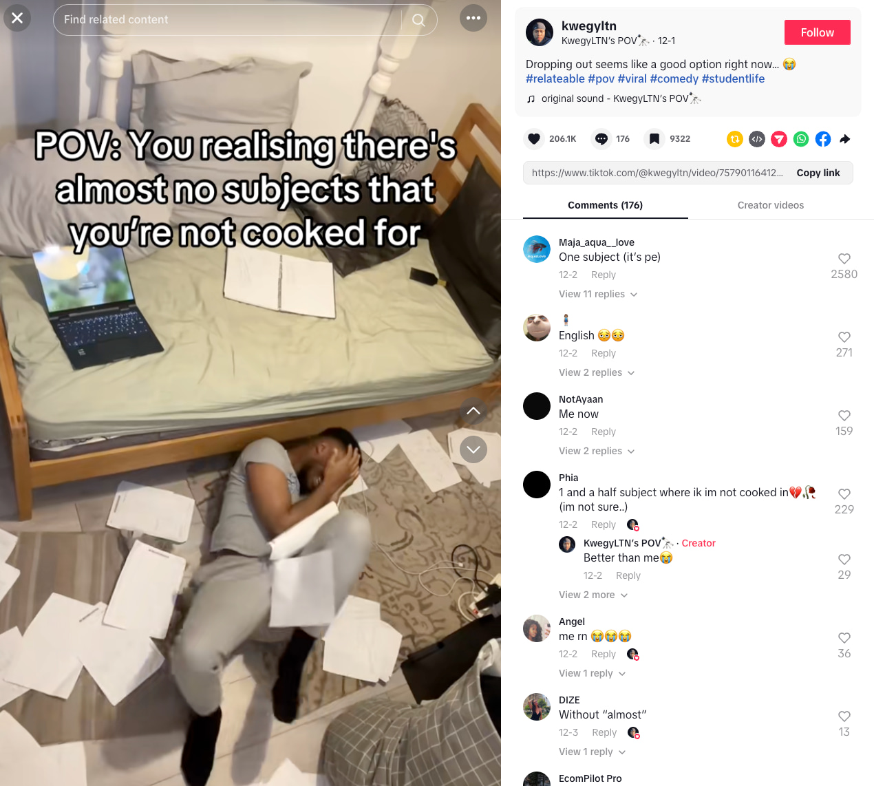 @kwegyLTN’s TikTok shows him in a pile of papers with a caption reading, ‘You realizing there’s almost no subjects you’re not cooked for’ (Source: TikTok)