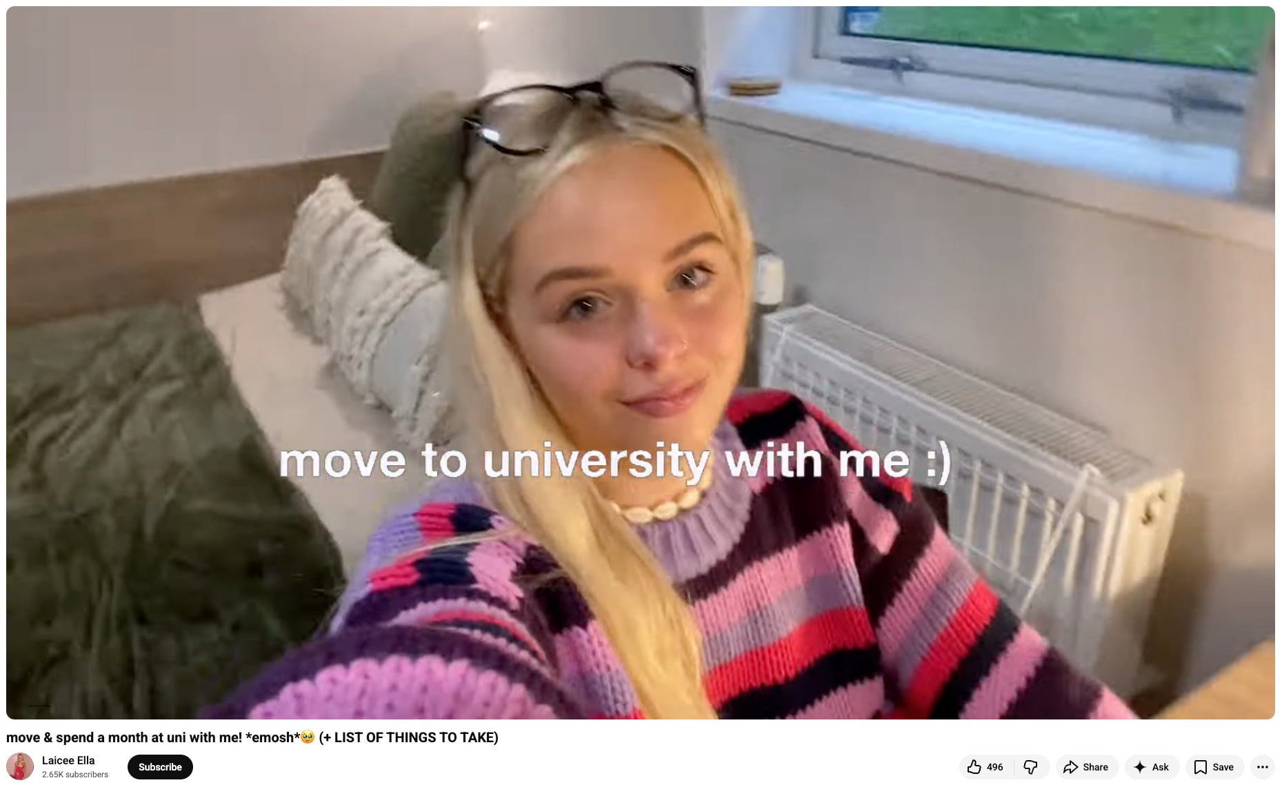 Laicee Ella films outside her university accommodation, inviting users to see how she moves in and spends the first month (Source: YouTube)