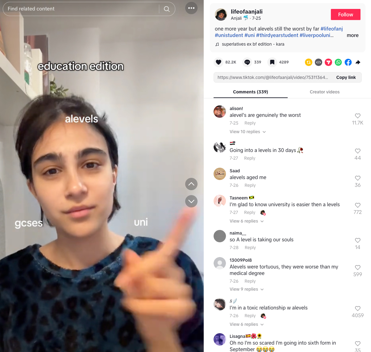 Anjali’s TikTok shows her sharing an update about her A levels, GCSes, and university (Source: TikTok)