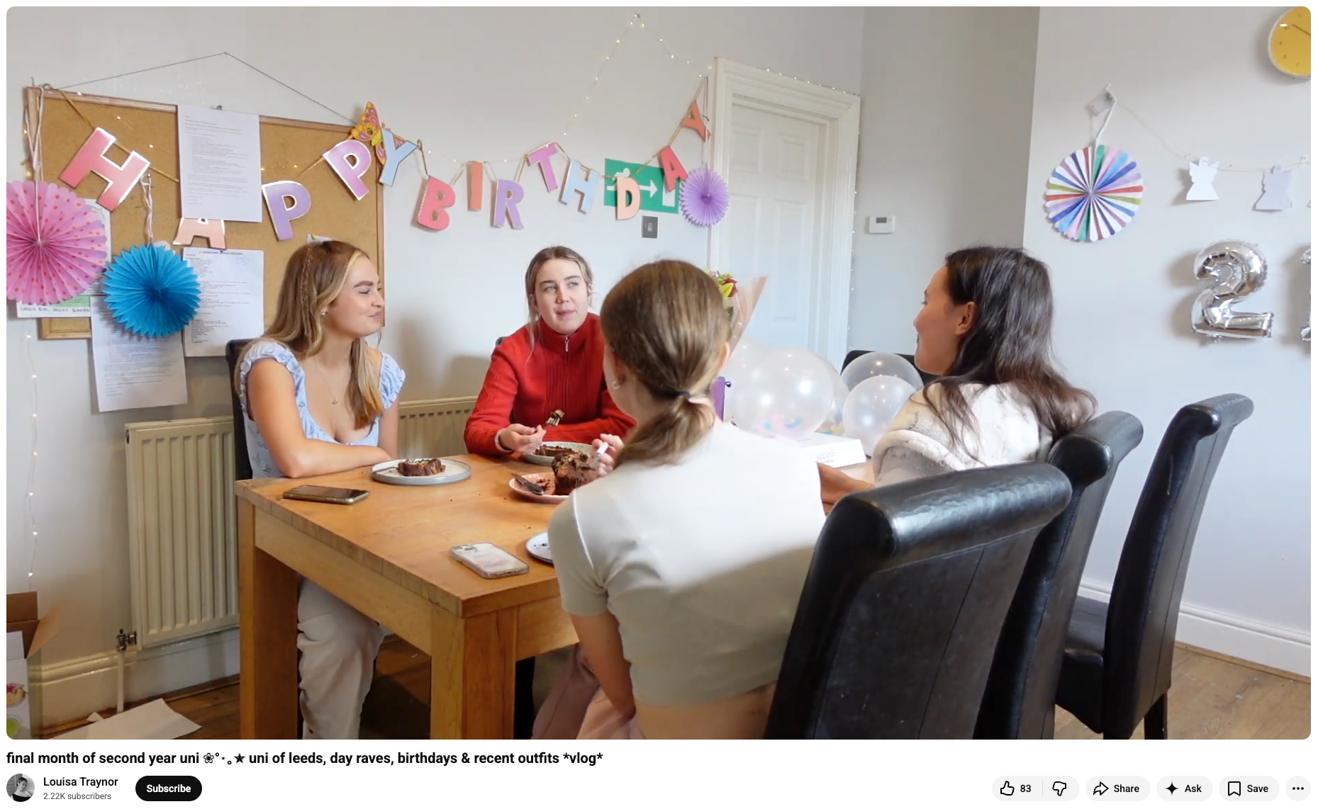 Louisa Traynor shares a birthday meal with roommates in her vlog about her final month of second year (Source: YouTube)