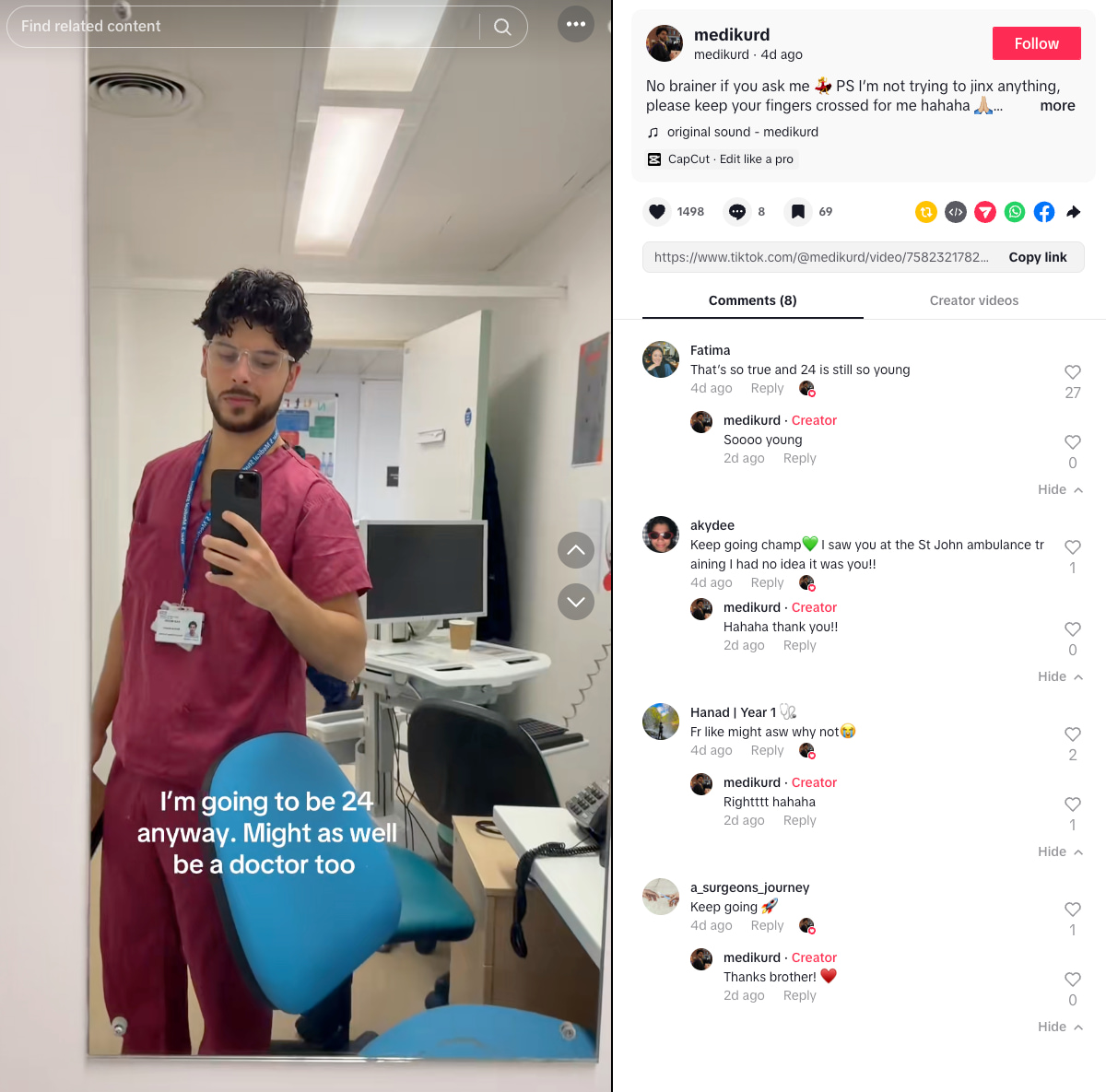 Medikurd’s TikTok shows him in scrubs before a hospital shift