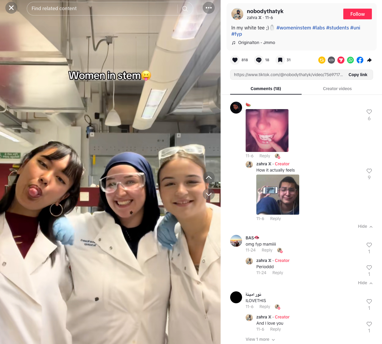 @nobodythatyk TikTok shows three female STEM students in lab coats