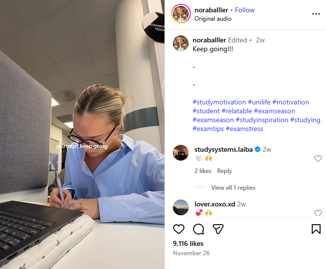 @noraballer’s reel shows her studying with a laptop (Source: Instagram)