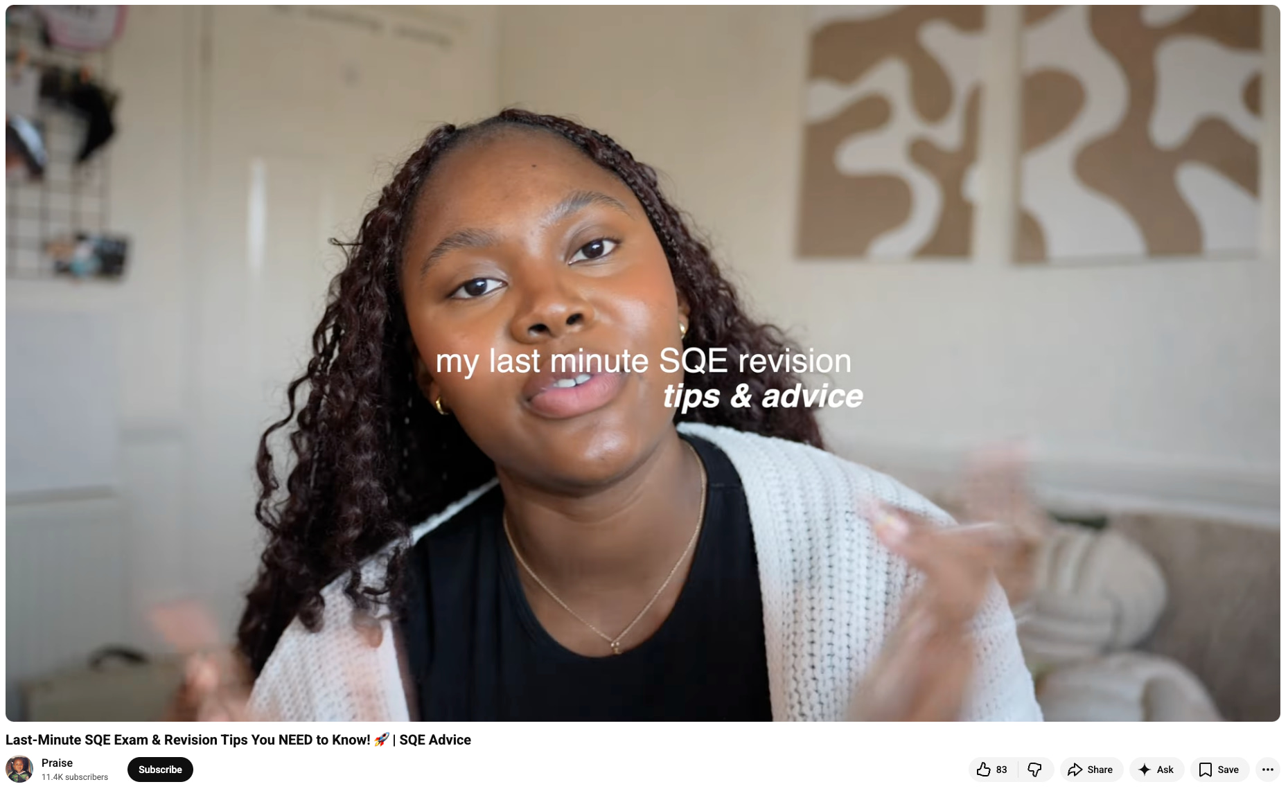 Praise gives advice in her YouTube video, Last-Minute SQE Exam & Revision Tips You NEED to Know! (Source: YouTube)