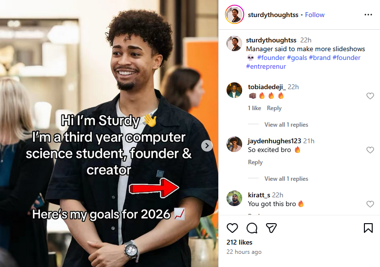 @sturdythoughtss’s reel shows him sharing his goals for 2026 (Source: Instagram)