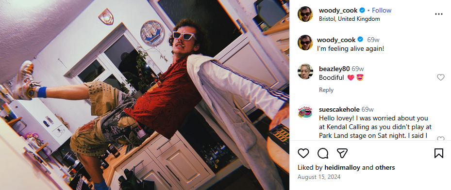 Woody Cook’s Instagram post shows him and a friend smiling with their dog at Secret Garden Party (Source: Instagram)