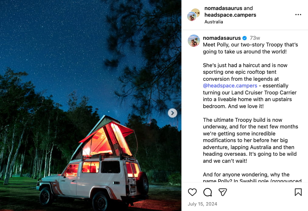 A couple shares an informative Instagram post about their two-story Troopy camper named Polly