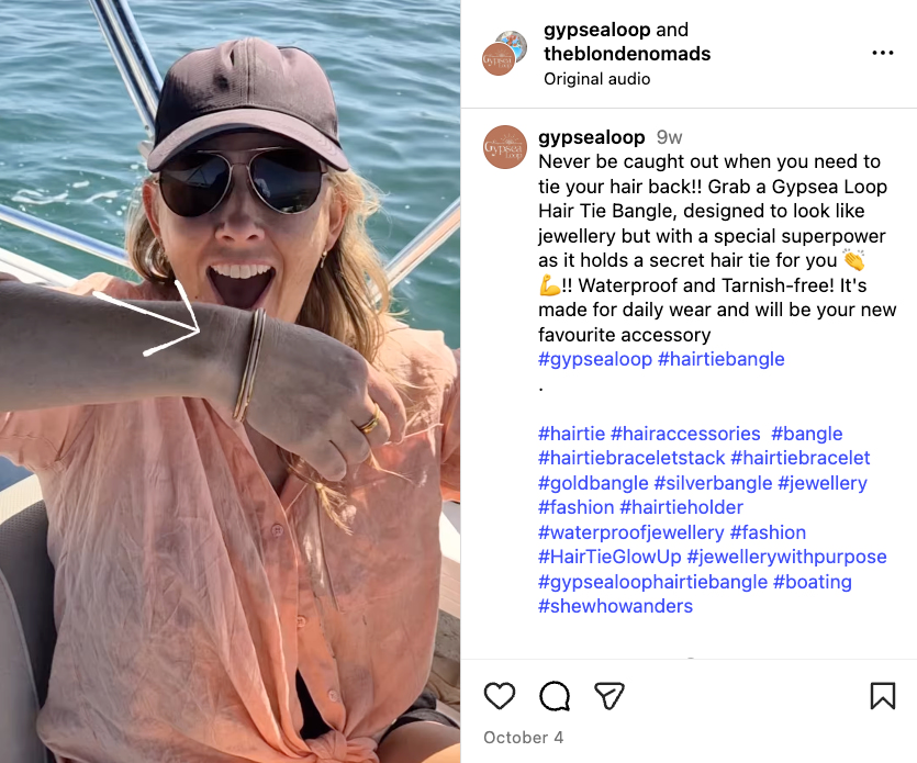 An Instagram video shares the Blonde Nomad’s latest boating adventure along with a collaborative product promotion