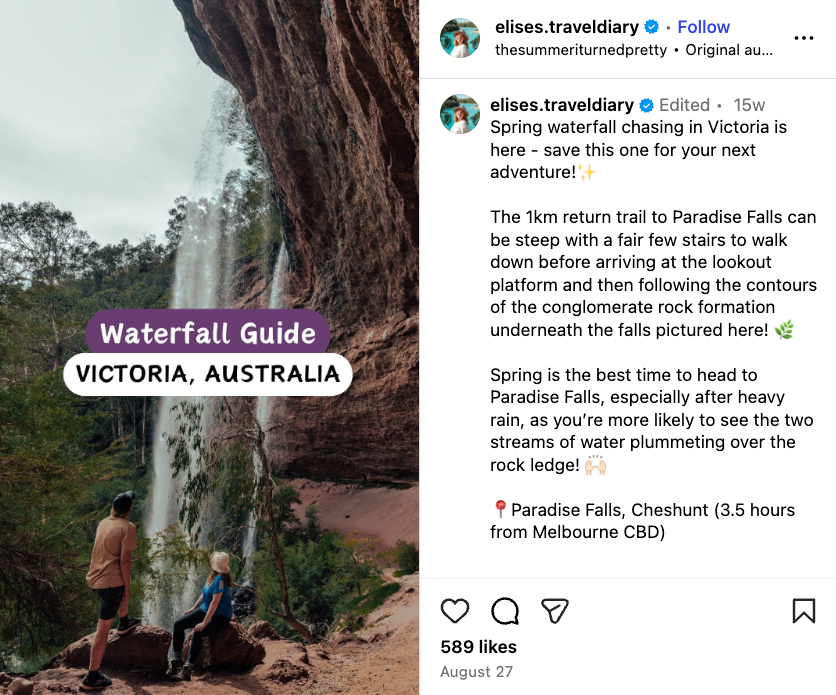 Elise shares a Reel on Instagram documenting Victoria’s best waterfalls