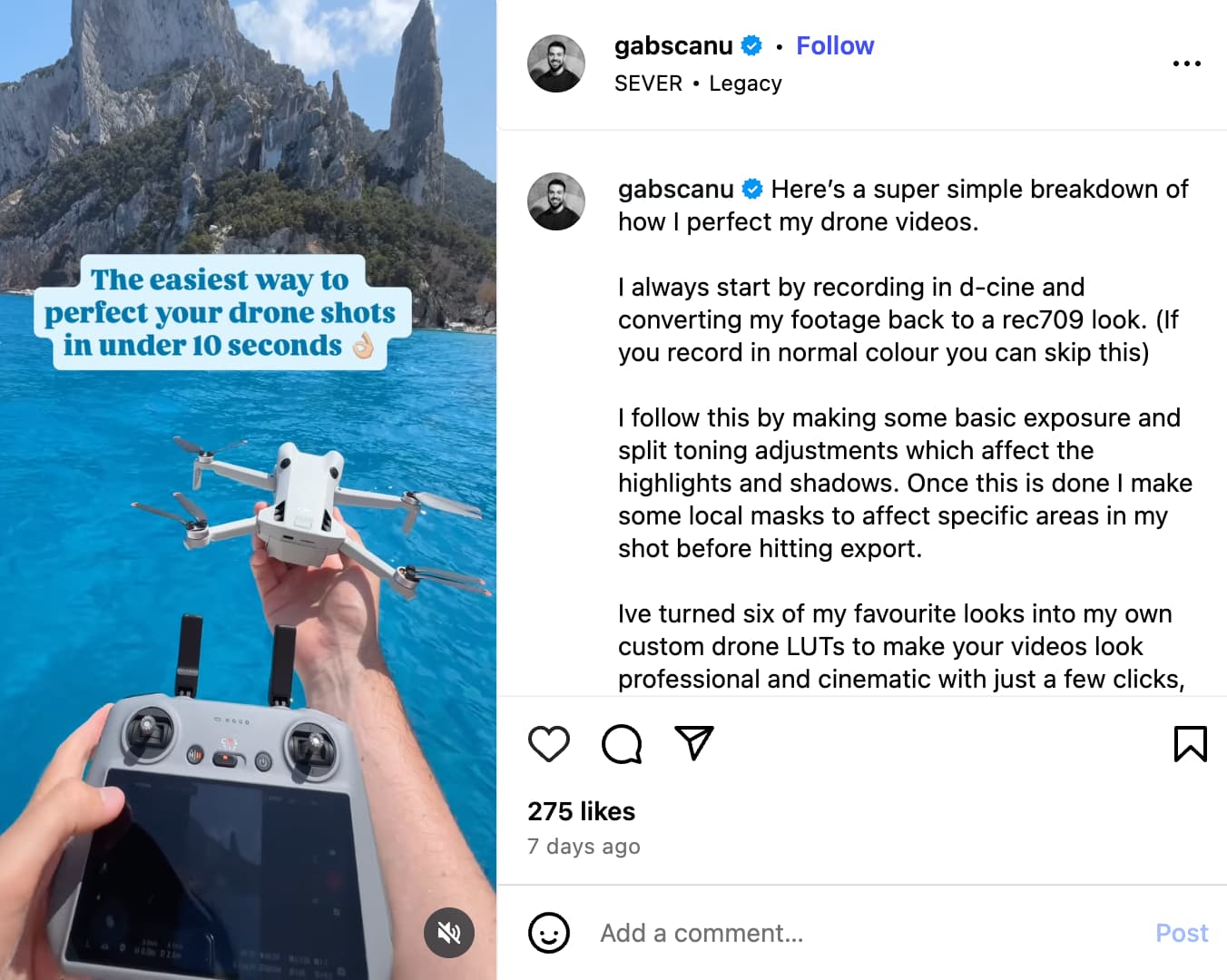 Gab Scanu’s Instagram, showing a brief demo of how he adjusts his drone footage to achieve cinematic results