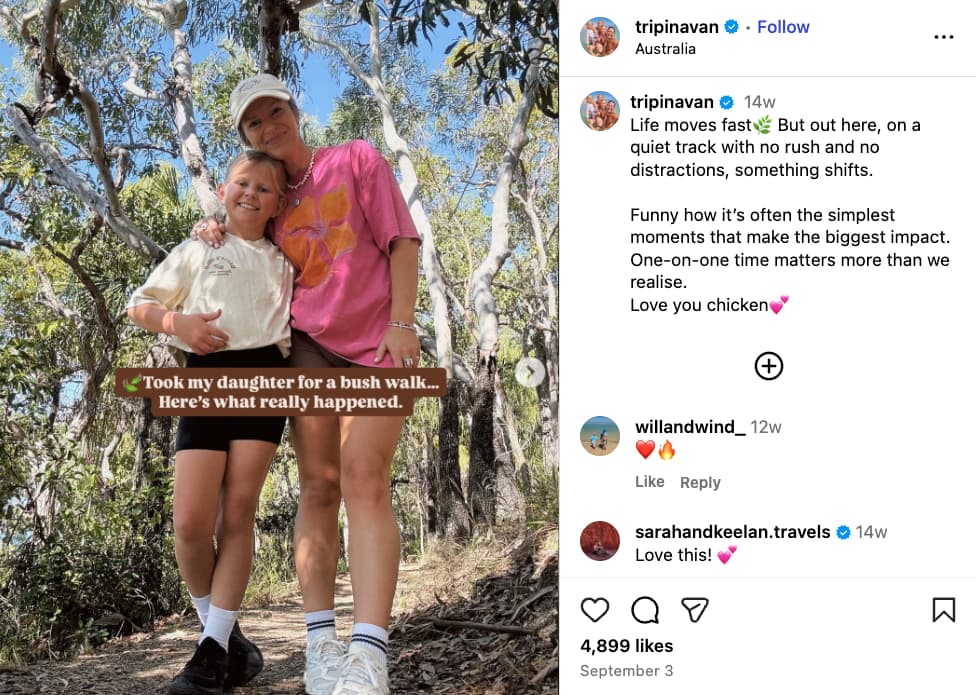 Bec shares a Reel on Instagram, showing her taking her daughter for a bushwalk