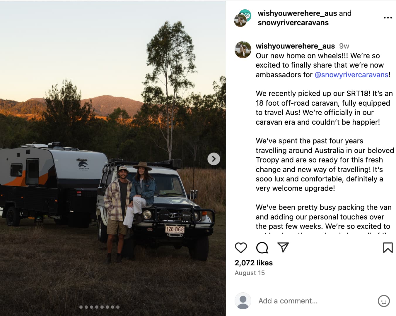 Lochie and Kayla pose in a sunset photo with their new caravan as part of a brand partnership with Snowy River Caravans