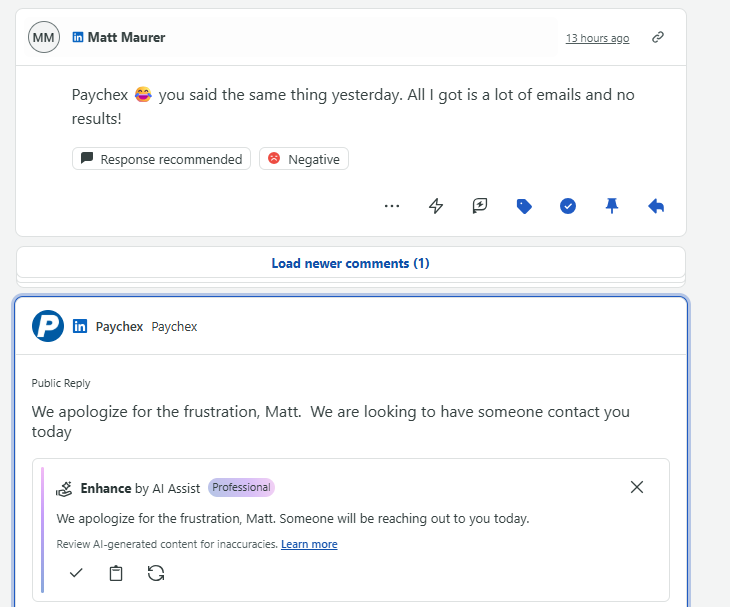 AI Assist in action for Paychex's Care team