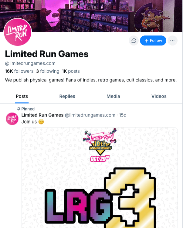 Limited Run Games’ profile page on Bluesky shows 16k followers and an event invite as a pinned post.