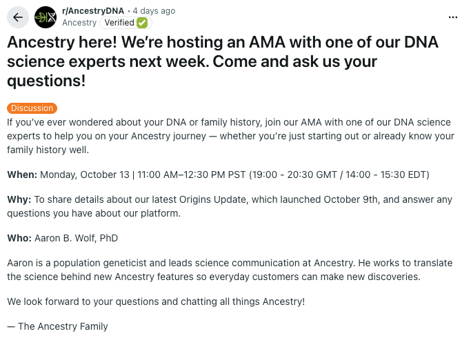 An AMA announcement by Ancestry, including the times for the event (Source: Reddit)