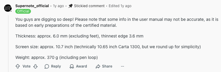 A reply from Supernote states the thickness, screen size and weight of its e-notebook (Source: Reddit)