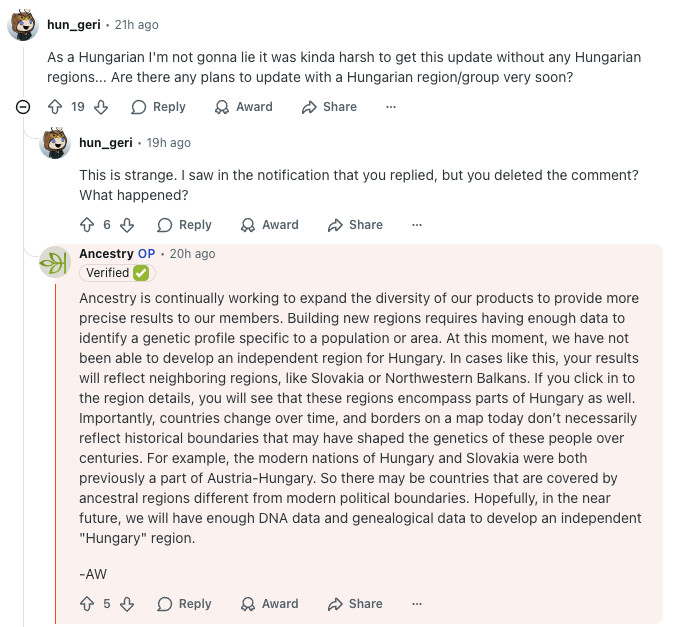 u/hun_geri asks about their difficulty getting information for Hungarian regions, and Ancestry responds (Source: Reddit)