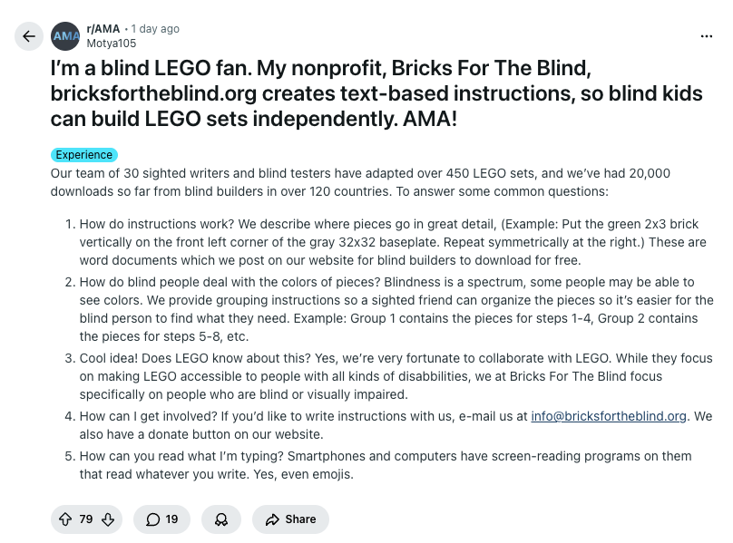 u/Motya105 posts an AMA about their non-profit and mentions 30 writers and testers and 450 LEGO set adaptations (Source: Reddit)