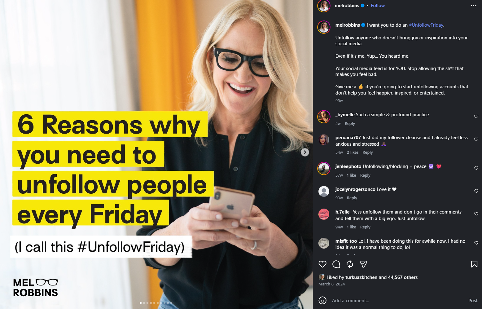 Image from Mel Robbins’ Instagram, showing a blonde woman with glasses holding a cell phone. The text “6 reasons why you need to unfollow people every Friday - I call this # Unfollow Friday” is overlaid.  