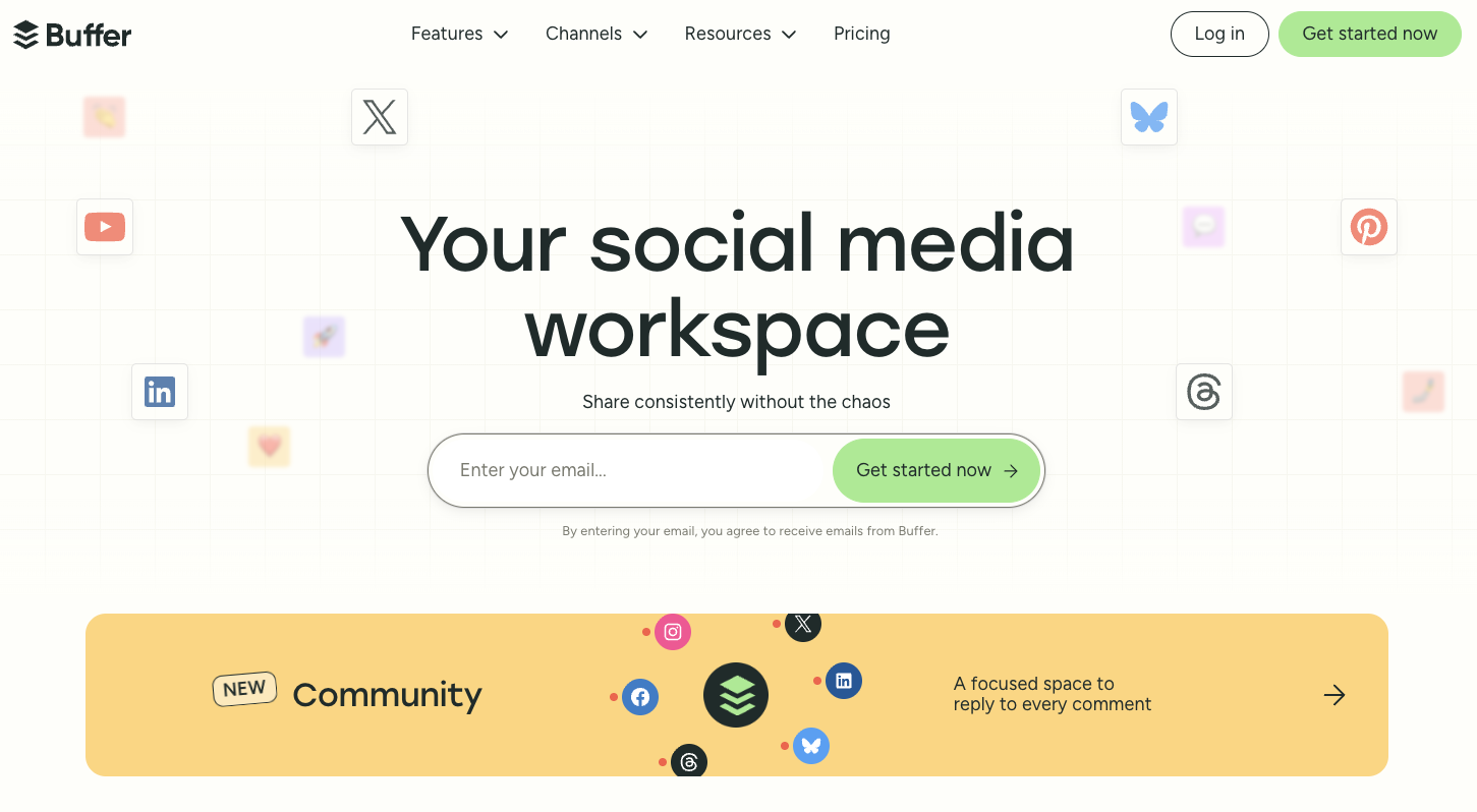 Buffer homepage with copy that says “Your social media workspace” 