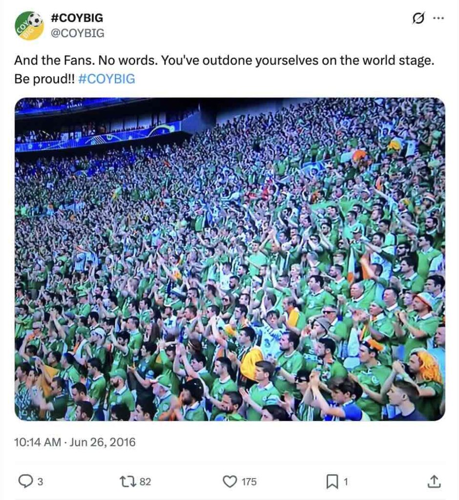 An X post from an account @COYBIG that features an image of Irish football fans in the stands.